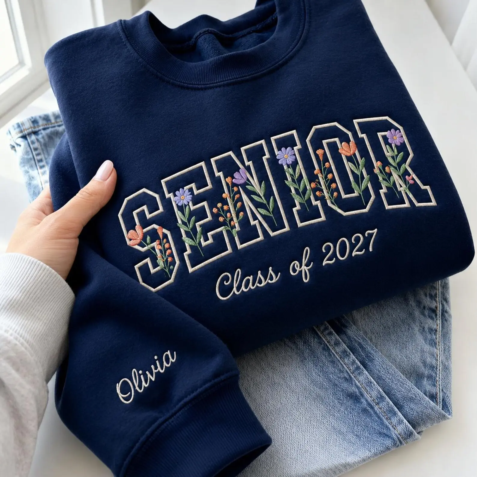 [Made in US] Personalized Floral Senior Class of 2027 Embroidered Sweatshirt T-shirt Hoodie, Personalized Name Sleeve Graduation Crewneck Gift