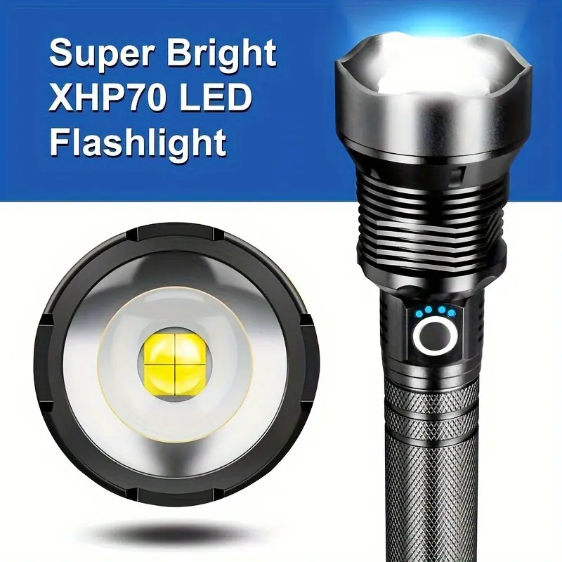 Anyice Super Bright XHP70 LED Flashlight - Rechargeable, Adjustable Zoom, 2400mAh Lithium Batteries (18650/26650 Included) - Ideal for Outdoors, Home Use