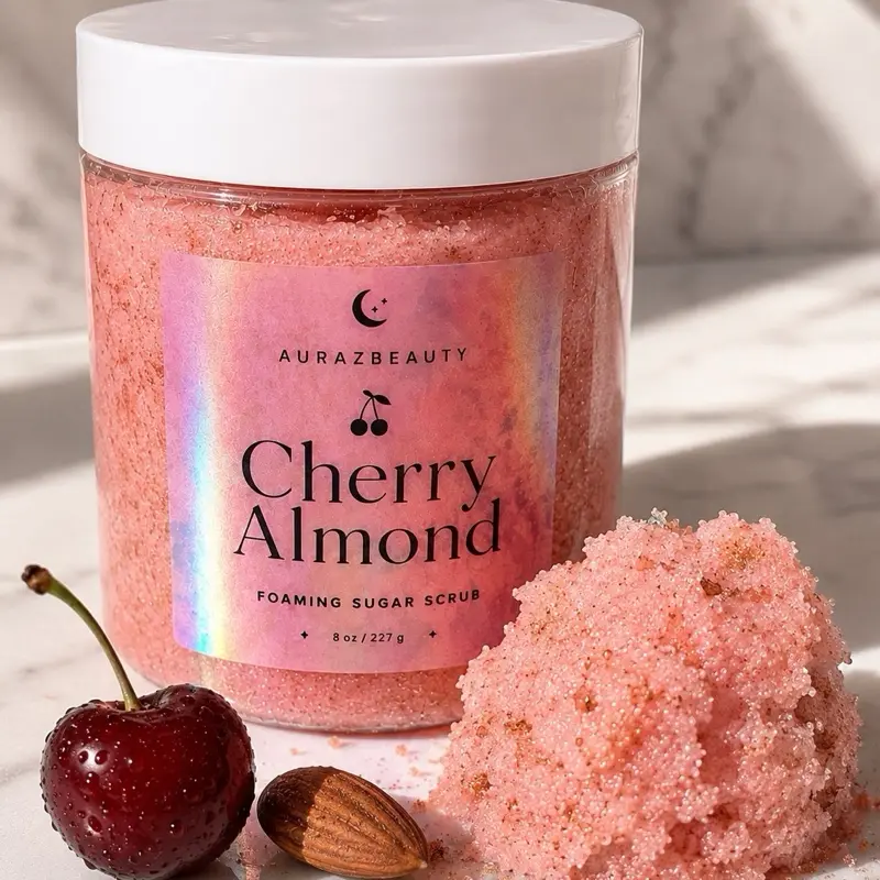 Cherry Almond 8 oz Scented Foaming Sugar Scrub - Vegan Fragrance Skin Care, Gentle Exfoliator for Daily Cleansing, Hydration