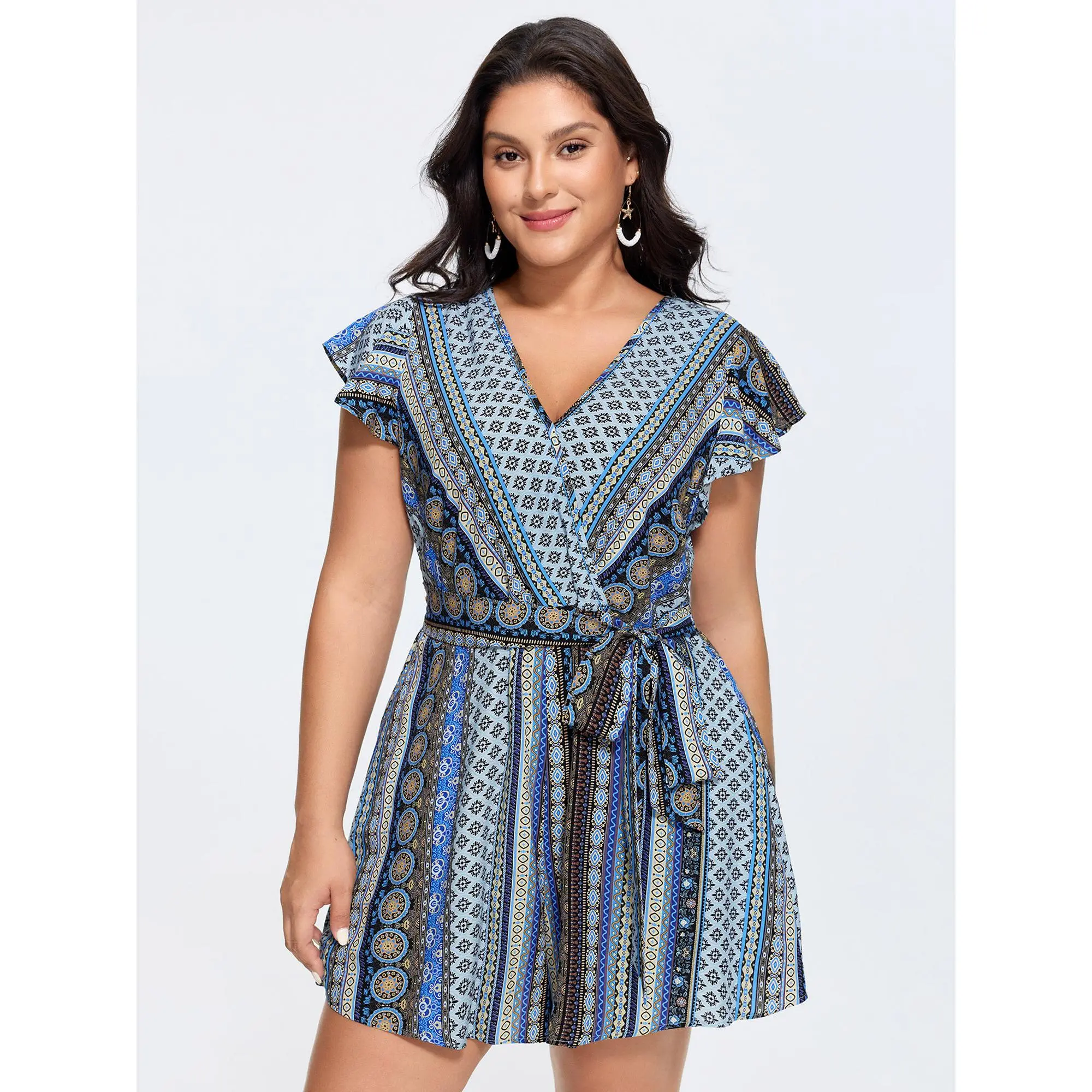 BloomChic Plus Size Rompers for Women, Boho Striped Smooth Rayon Garment with a Smocked Back-Tie and Side Pocket, Fit