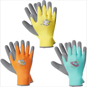 F-HBL06  3 Pairs Kids Gardening Gloves for Age 6-8, Children Grippy Rubber Coated Garden Work Gloves, Orange & Green & Yellow, Medium Size (3 Pairs M)
