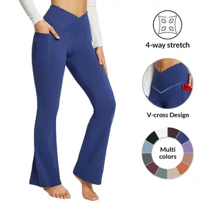 baleaf 29'' inseam Women Flare Leggings Crossover V-Cut Yoga Pants Flare Khakis High Waist Casual Workout Lounge Tall Bottom Pockets Petite Girls Forbidden Pants