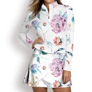 Inked Skins Women's Golf Polo Shirt Pink Floral Print Long Sleeve Sun Protection Top 90% Polyester 10% Spandex Quarter Zip Closure Airful Fabric Moisture-Wicking Technology #9718884 #15620777 #12142121