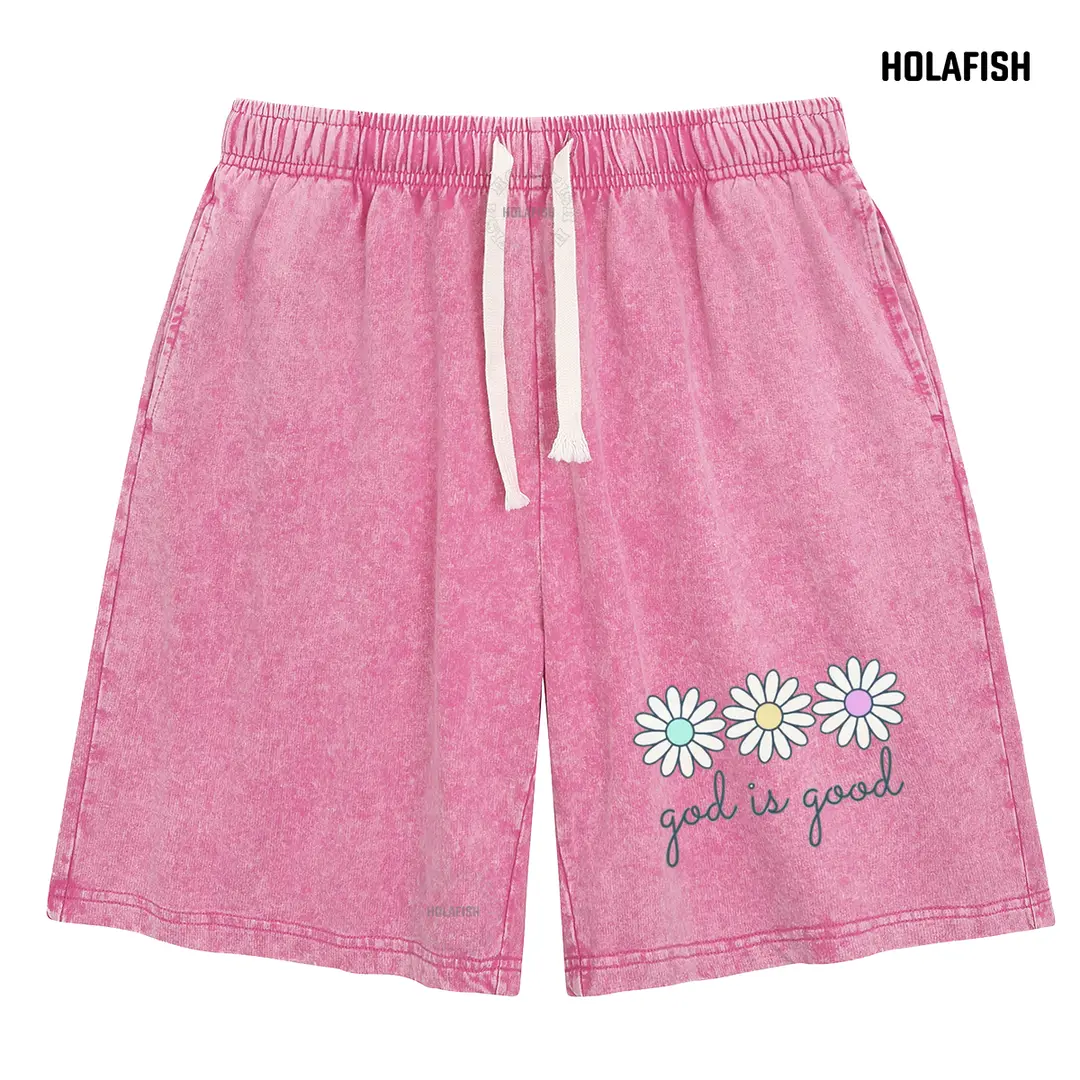 Holafish Women's Retro Acid Wash Above-Knee Shorts, Heavyweight Cotton, Relaxed Fit with Elastic Drawstring, Floral Print Active Wear for Halloween Knitting Vibe, Cotton Blend, Retro Look, 2Xl