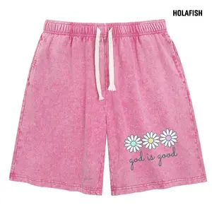 Holafish Women's Acid Washed Shorts Floral Print Elastic Drawstring Waist Loose Relaxed Fit Casual Unisex Streetwear Summer Essential Bottoms Breathable Lightweight Everyday