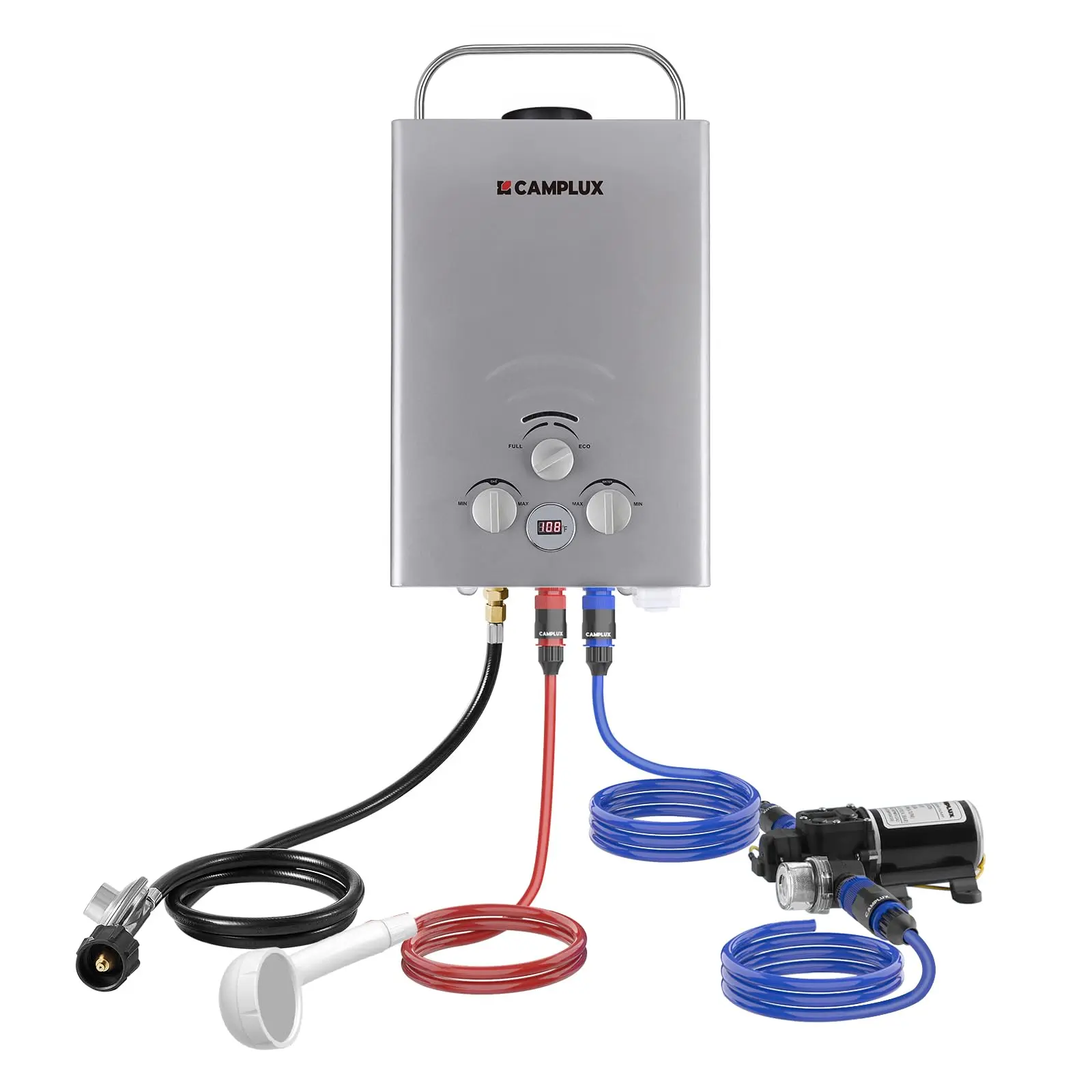 【Summer Deals】CAMPLUX Portable Instant Heat Outdoor Tankless Water Heater - 41,000 BTU, 1.58 GPM, 14lbs, Safety Shut-Off, Pump Kit Included for Camping, RV Use, Portable Tankless Showers