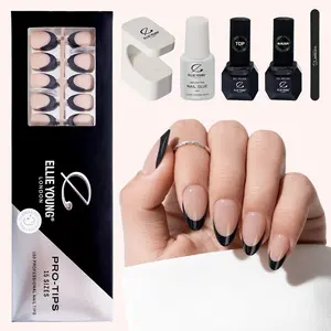 [ ProTips-French Kit ] PRO-TIPS 160pcs Black Short Almond French Tip, 16 Sizes Press-On Nails, Gel Acrylic Nail Extensions for Easy DIY, Ellie Young