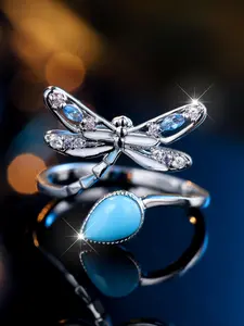Artificial Gemstone Decorated Dragonfly Design Split Ring, Fashion Jewelry for Party, Daily Clothing Decor, Trendy All-match & Exquisite Jewelry for Birthday Gift, Dainty Ring