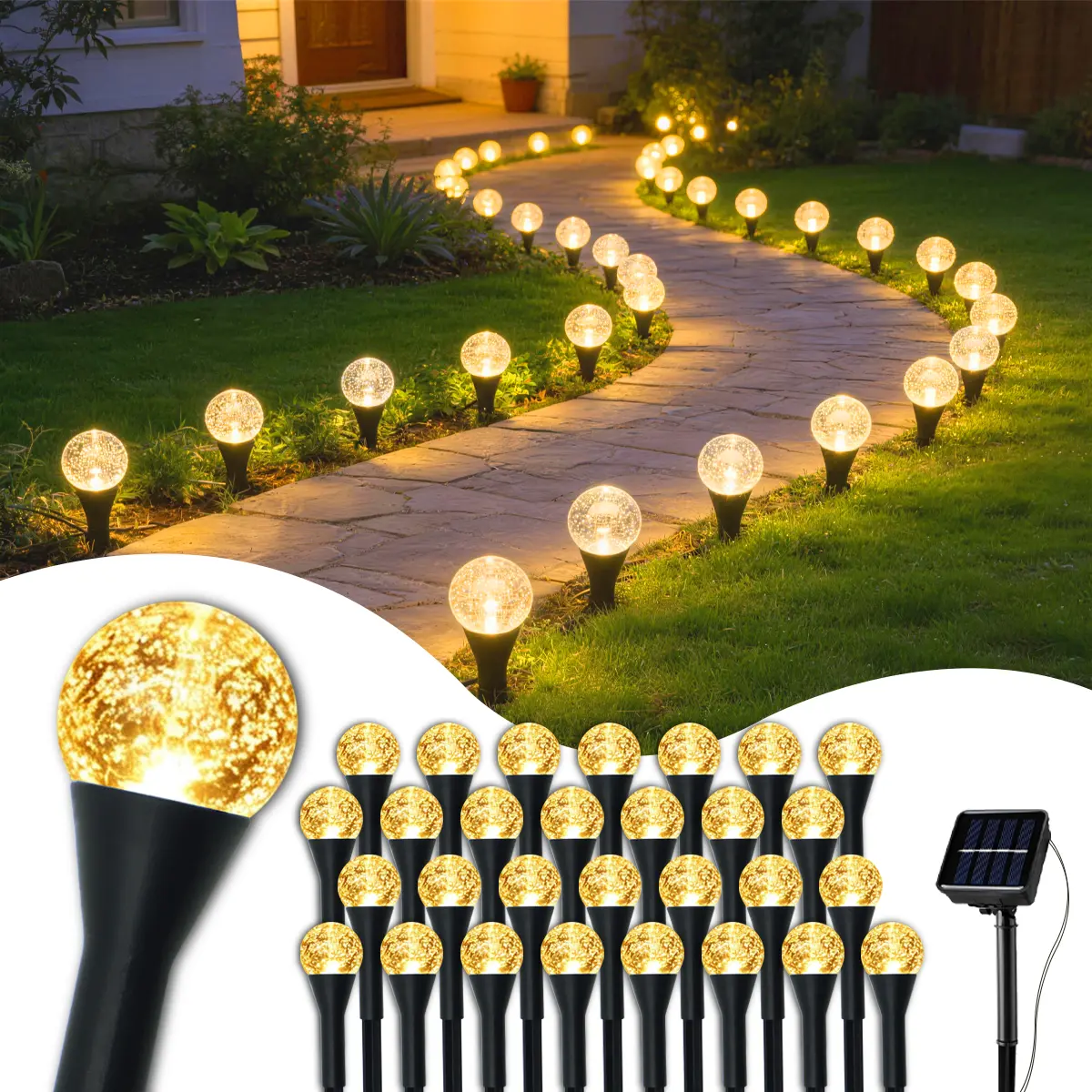 30LED Outdoor Solar Crystal Ball Mood Lights, Waterproof Landscape Lights, 8 Modes, 25ft (7m) Cable, Garden Pathway Decorative Lamps for Weddings