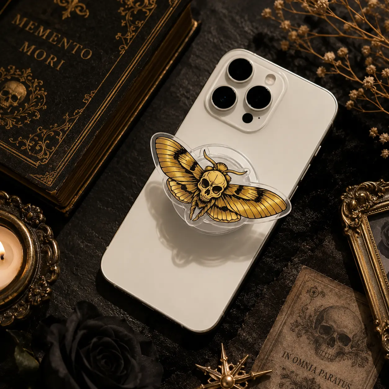 Gothic Skull Moth Magnetic Phone Grip – Dark Academia Insect Phone Holder Stand for iPhone & Android