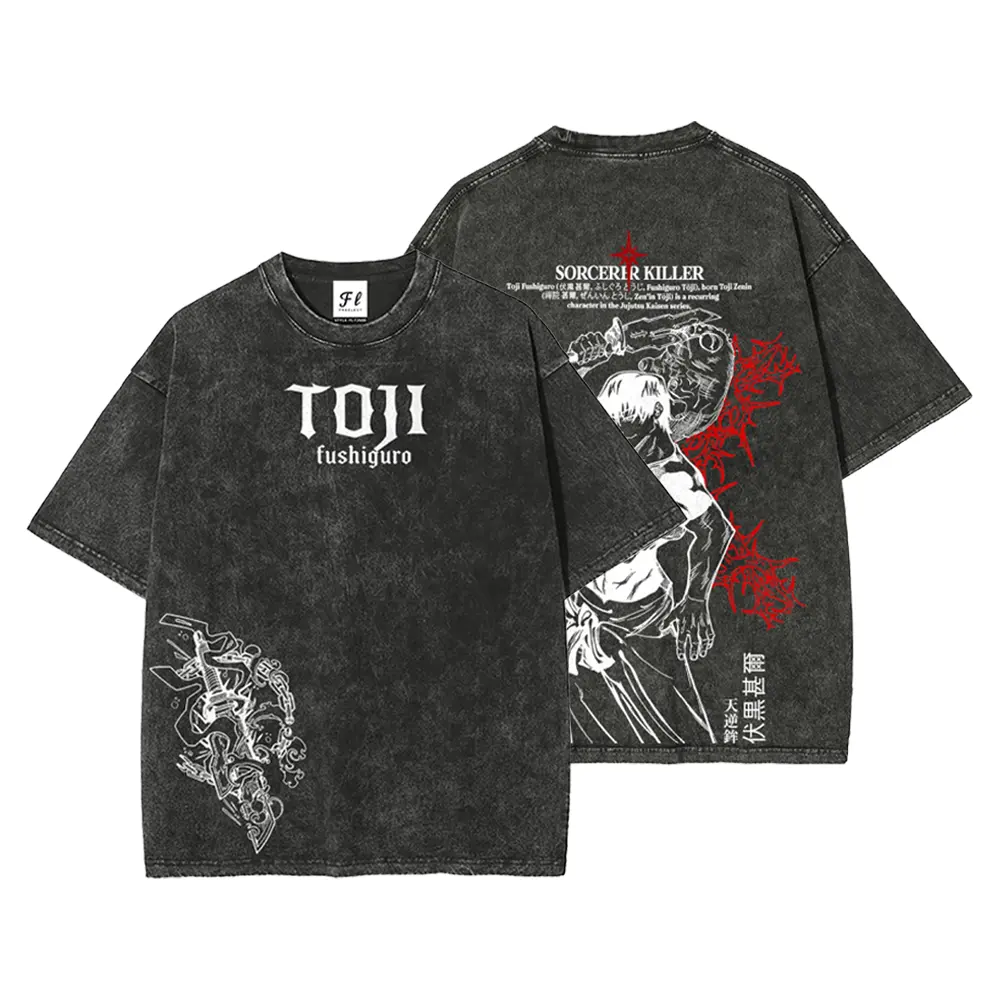 Toji Fushiguro Sorcerer Killer JJK Jujutsu Kaisen Oversized Graphic Tee Heavyweight Acid Wash Cotton Double Printed T Shirt Y2K Streetwear Shibuya Incident Gym Pump Cover Heavenly Restriction Manga Aesthetic Grunge Outfits Gift Unisex Vintage