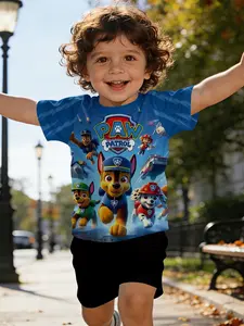 Paw Patrol Digital Print T-shirt, Funny Graphic Tees, Infant & Toddler Short Sleeve Set, Suitable for Daily and Outdoor Activities, 100% Polyester, Perfect Gift for Infants and Toddlers!