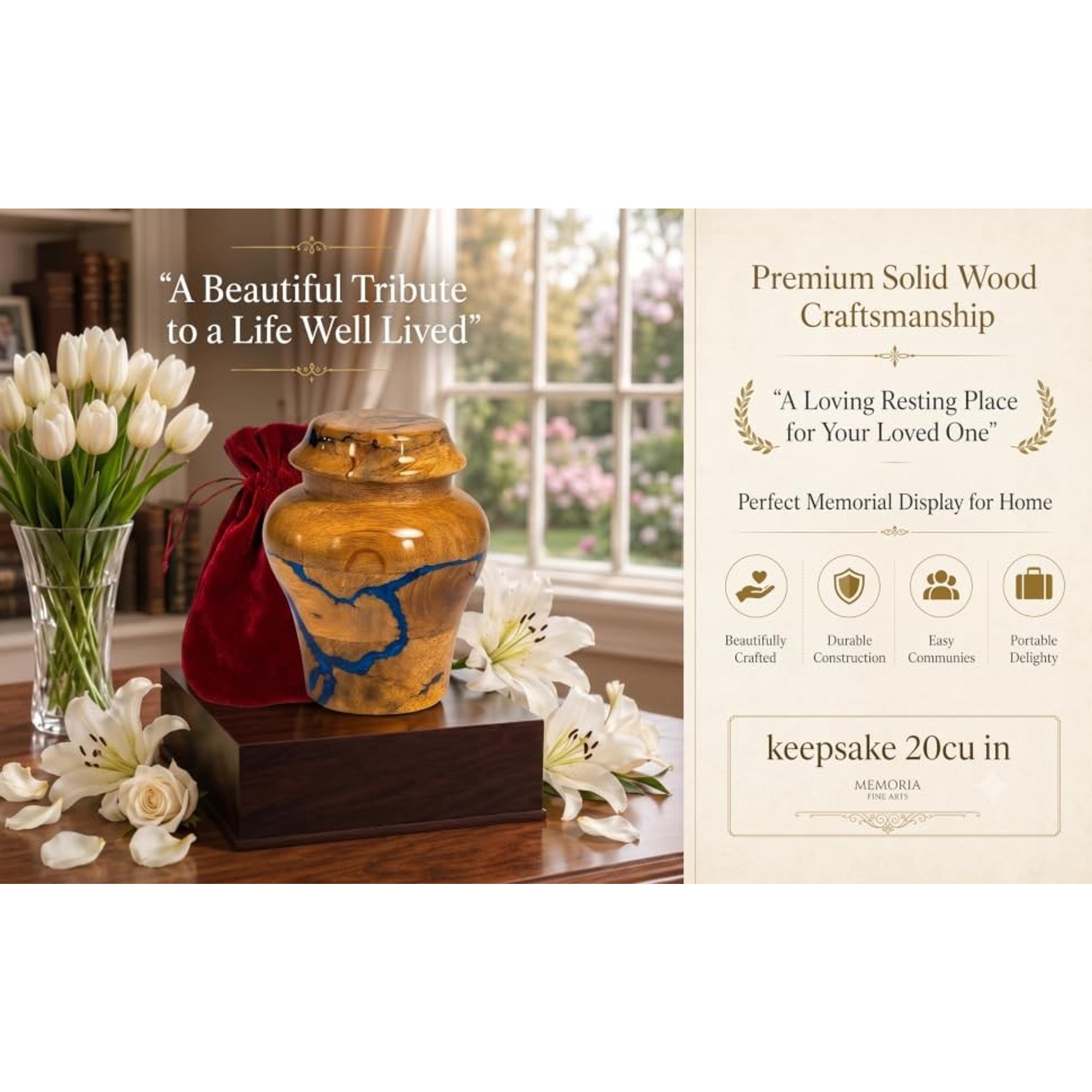 Wooden Keepsake urn for (Small Portion) Decorative urn for Ashes Blue Urn for Man and Women Burial and Funeral Urn Handcrafted | Unique Fractal Burning Design Keepsake 20 Cu in Capacity.