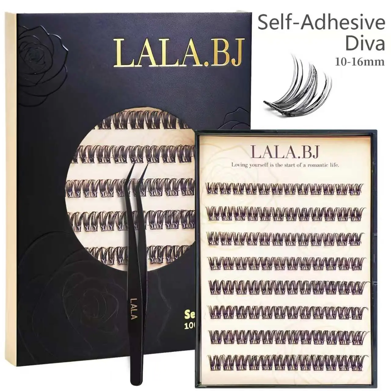 【DIVA】LALA Self-Adhesive DIY Cluster Lashes, 10-16mm  D-Curly Pre-Glued with Curler, Lash Extensions/Eyelashes Extensions, Reusable Synthetic Cosmetic for dramatic Look (No Glue Needed, Easy Application)