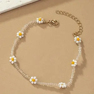 1pc Chic Daisy Glass Bead Anklet - Stylish Braided Design with Golden-Tone Clasp, Perfect for Vacation & Casual Attire