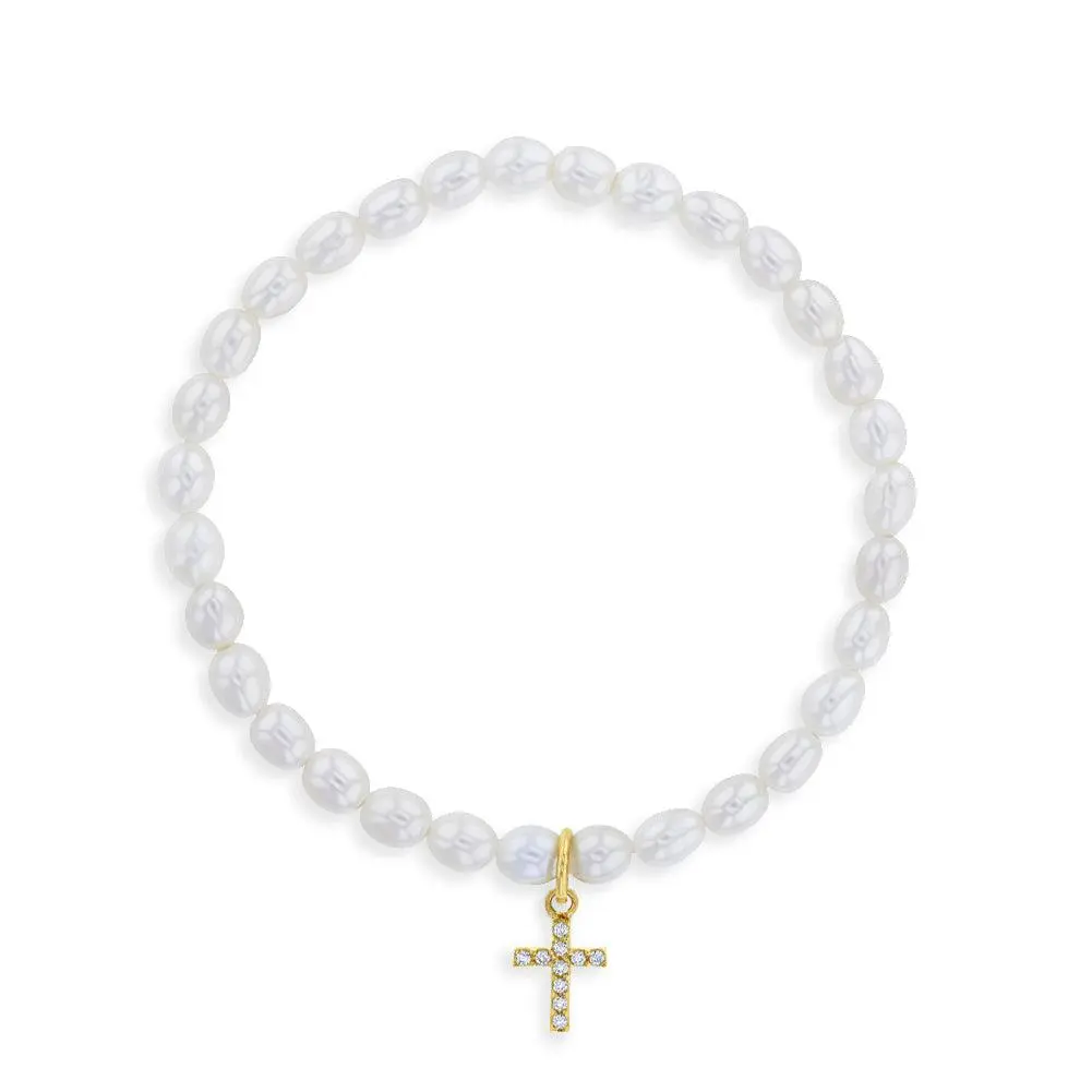 5"-7" Tiny Cross Elongated Freshwater Cultured Pearl Baby / Kids / Teen Bracelet