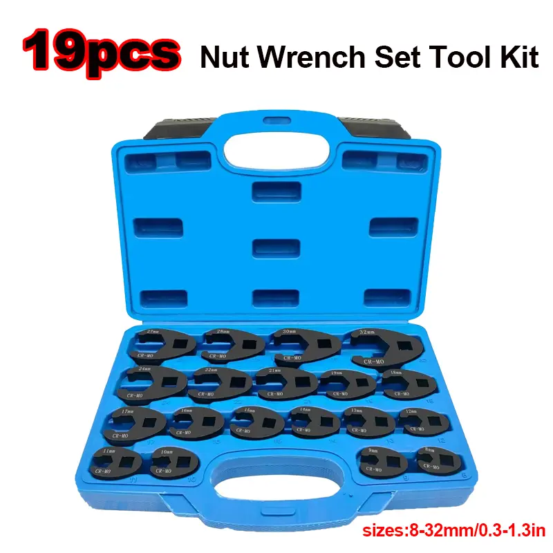 19pcs Heat Treated Chrome Molybdenum Steel Auto Repair Tools Set - 3/8"-1/2" Drive, Jumbo Crowfoot Flare Nut Wrenches, Ratchet, Claw Adapter, Extensions, 8-32mm Metric Sizes, Better Leverage, More Grip, High Torque, All Seasons Home Supplies Gift