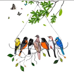 7 Birds On-A-Wire Home Window Room Panel Hanging Suncatcher Ornament Art Decor