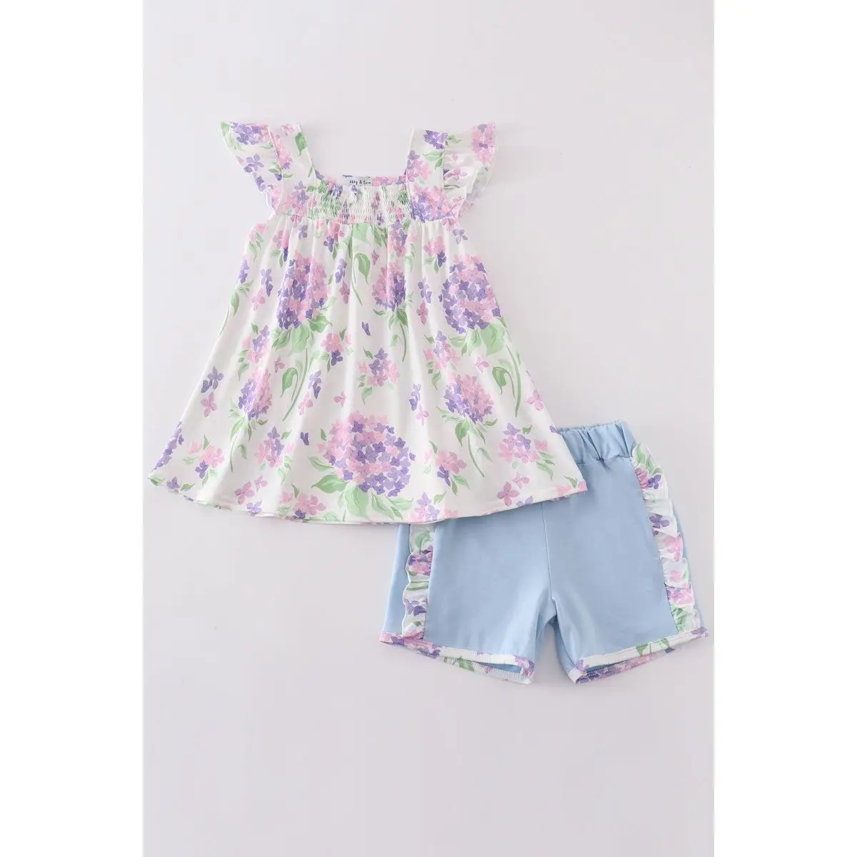 Purple hydragena print smocked girl set