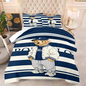 Striped teddy bear printed pattern bedding set, including 1 blanket and 1 or 2 pillowcases without pillowcases, soft children's or adult bedroom decoration gift, Soft Bedding Sets