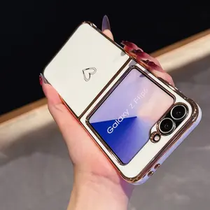 High-End Electroplated Glossy Phone Case Cover Protector, Hollow Heart Design, Solid Color Heart Phone Case for Samsung Z Flip 5/6/zflip7, Women's Gift