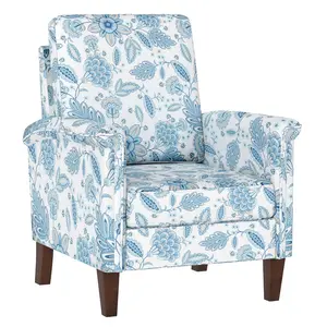 COSTWAY - Floral Accent Chair Farmhouse Boho Armchair with Solid Wood Legs and High Back-Blue