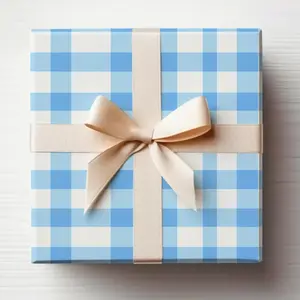 Blue Gingham Wrapping Paper Rolls Baby Boy Gift Wrapping Roll Blue Plaid, Blue Checkered Light Blue Gift Wrap Roll