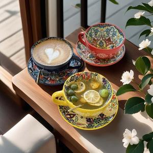 ceramic coffee cup & saucer & spoon set, 1 set boho style coffee cup set, drinking supplies for home office use, vanity decor accessories, drinkware