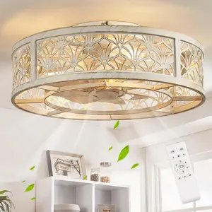 18" Caged Ceiling Fan with Light, Small Flush Mount Fandelier Ceiling Fans with Lights and Remote, Rustic Low Profile Bladeless Ceiling Fan with Light for Bedroom, Kitchen, White  - ETL