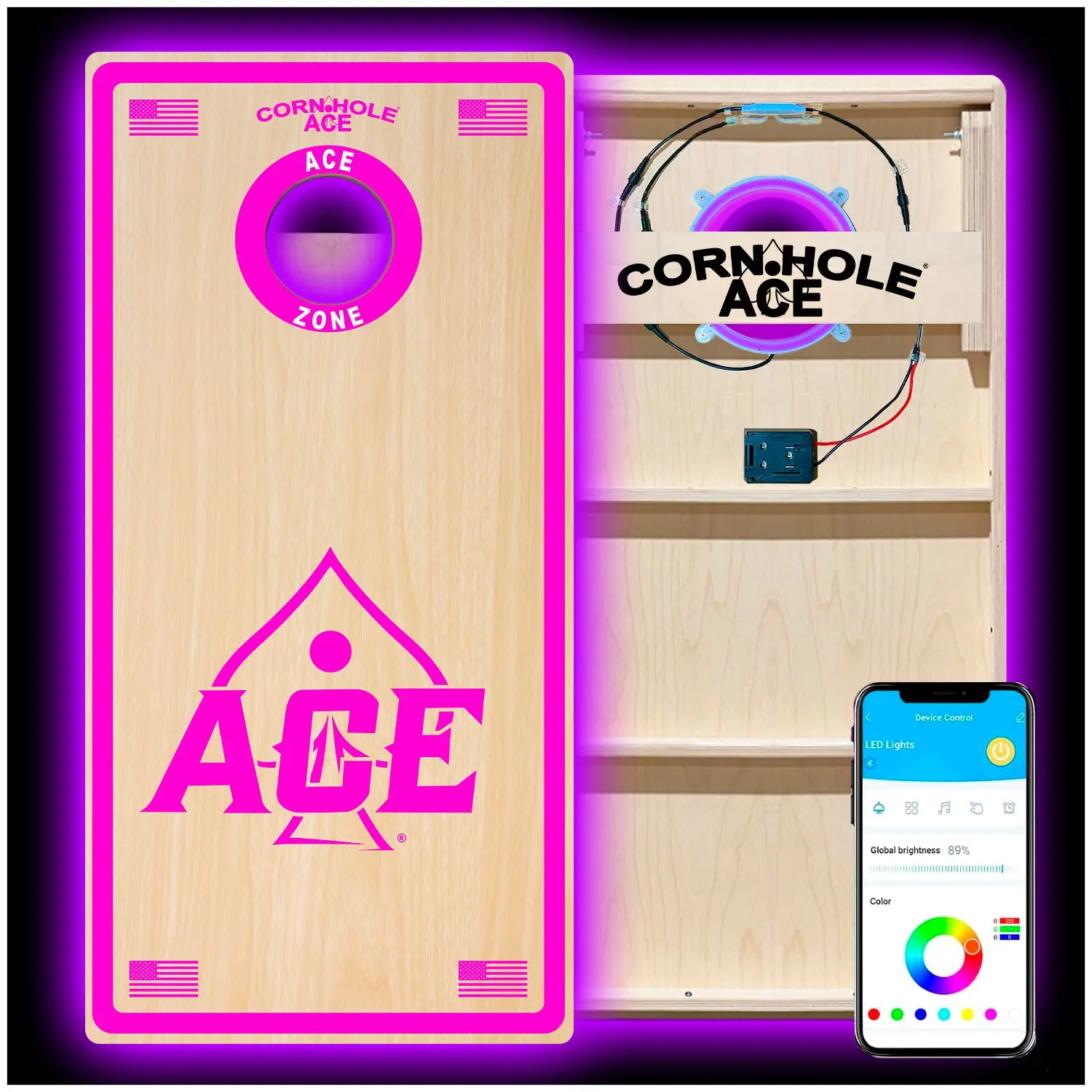 Professional Cornhole Board Set, 2x4 ft Baltic Birch Plywood, Pink Target-Style with Color-Changing LED Lights, Bluetooth Control & 15 Light Colors, 20 Default Lighting Modes, Color-Changing Led Lighting