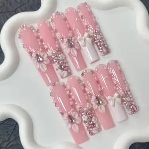 10 Pcs Ultra-Long Handmade Nails, 3D Floral Design, French Style, Ballet, Elegant Rhinestone Decorated, Y2K, Perfect for Daily Wear and Parties
