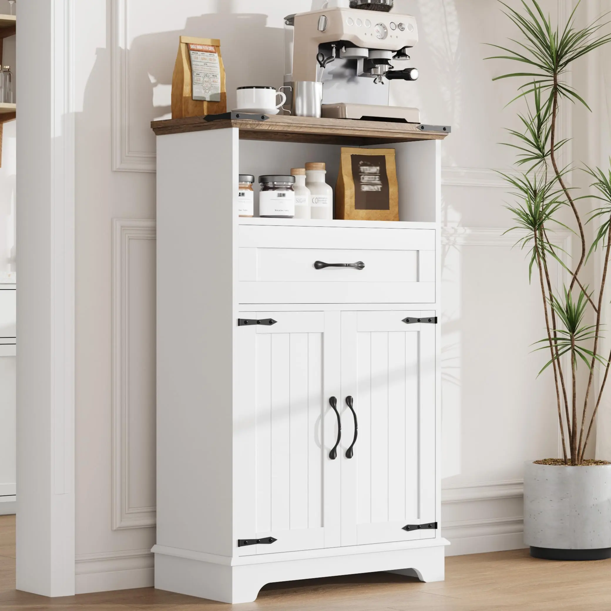 Rustic Farmhouse Wood Storage Cabinet with Doors, Drawer, Traditional Design, Anti-Tip Kit - Engineered Wood Freestanding Indoor Cupboard for Kitchen, Laundry Room