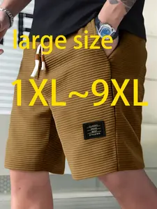 Men's Plus Size Casual Plaid Shorts, Colorblock Design, Drawstring, Multiple Pockets, Breathable Corduroy Fabric, Summer Outdoor Wear