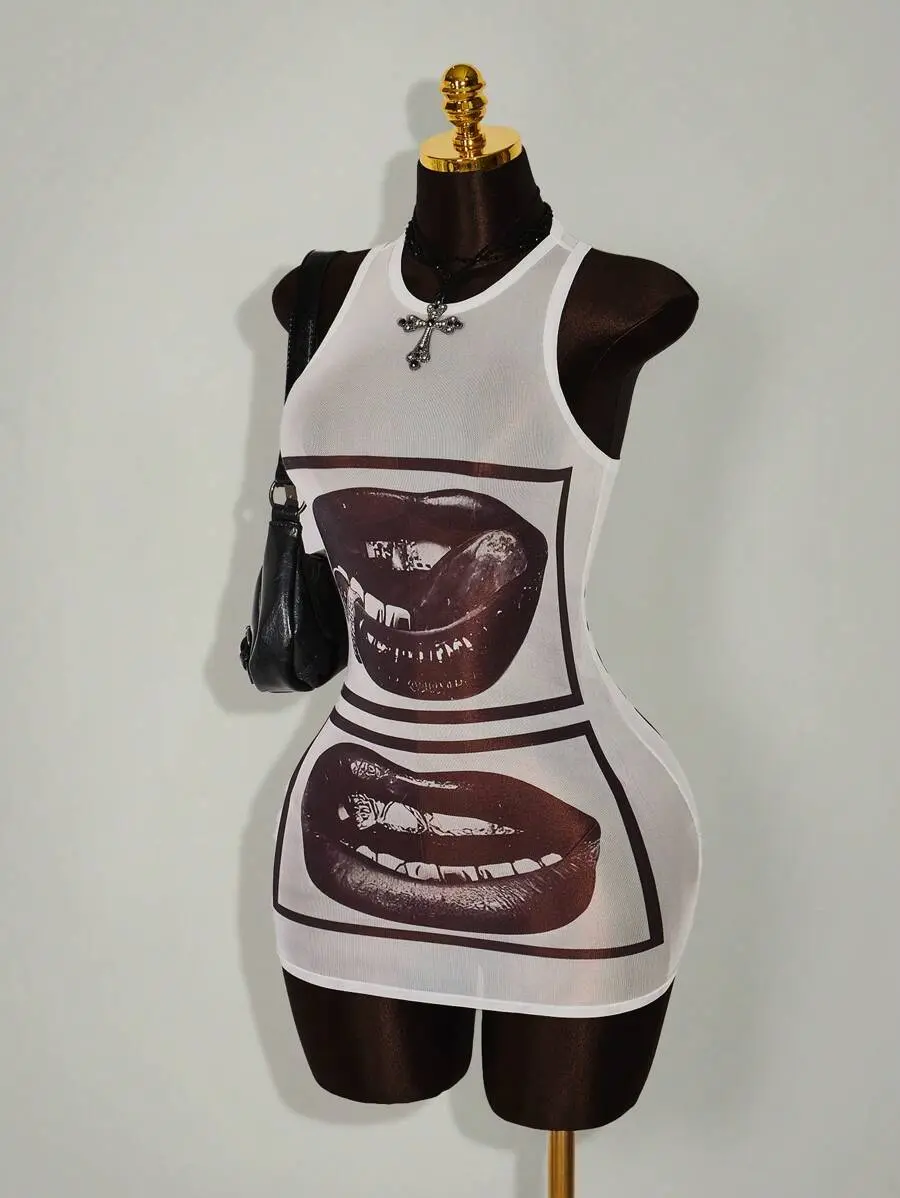 Style Sexy Rave Night Club Outfits Festival Rave Outfits Festival Lip Print Sheer Bodycon Mini Dress White And Black For All Season