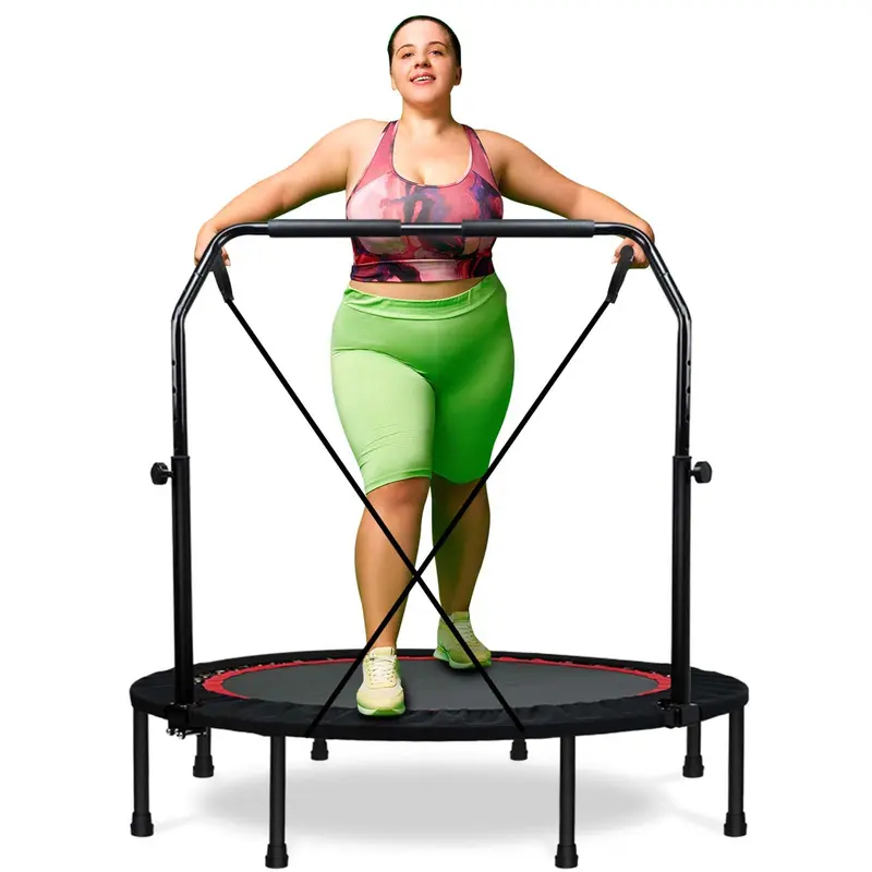 RAVS 40" Mini Trampoline Foldable for Adults 450LBS Fitness with Bungees Adjustable Bar Sturdy Steel Frame 5-Level Height-Adjustable Handrail Easy Assembly Indoor Outdoor