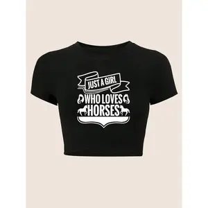 Women's Cropped-Shirt Short Sleeve Round Neck Summer Top With A-Z Letter Print (Compatible English &), Cropped Fit Casual Tee Layering, Washable Non-Sheer-Shirt Hot Weather - In Stock!, Women's Crop Top Tee - Lightweight Casual Essential