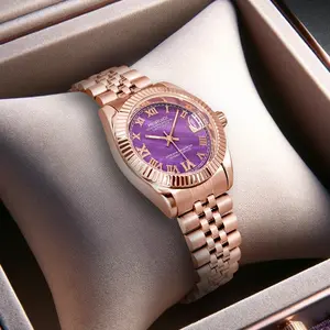 Luxury Ladies Violet Automatic Mechanical Watch Rose Gold Stainless Steel Luminous Calendar Waterproof Watch relogios  masculinos