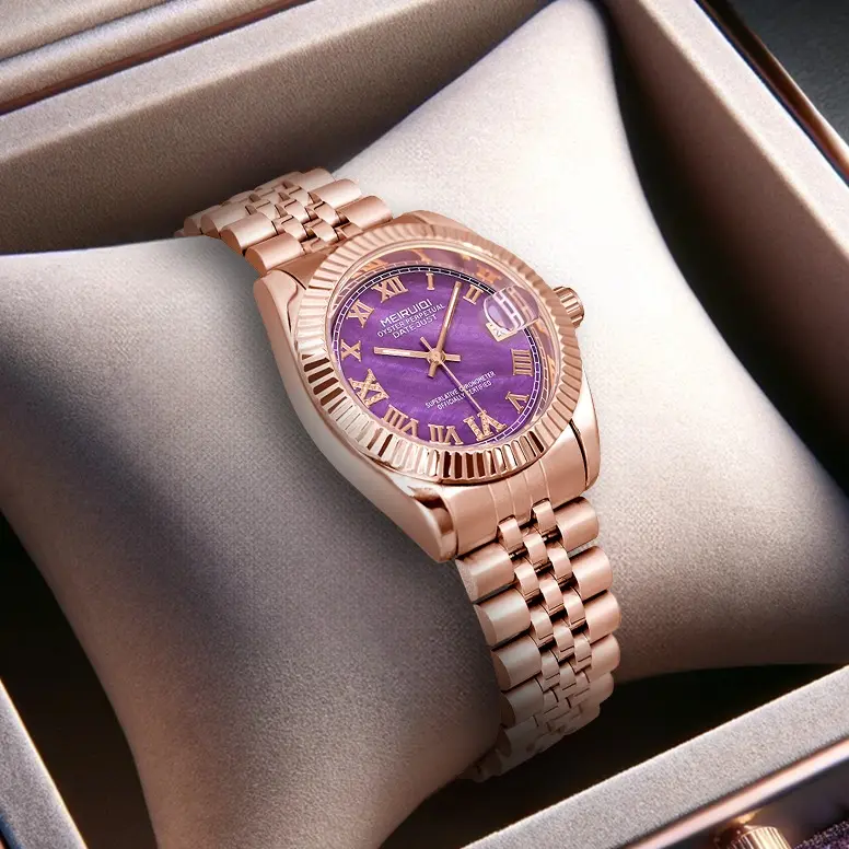 Ladies Automatic Watch Rose Gold Luminous Calendar, 36mm Mechanical Waterproof 30m Stainless Steel Band with Clasp, Elegant Violet Analog Dial & Mineral Glass for Women