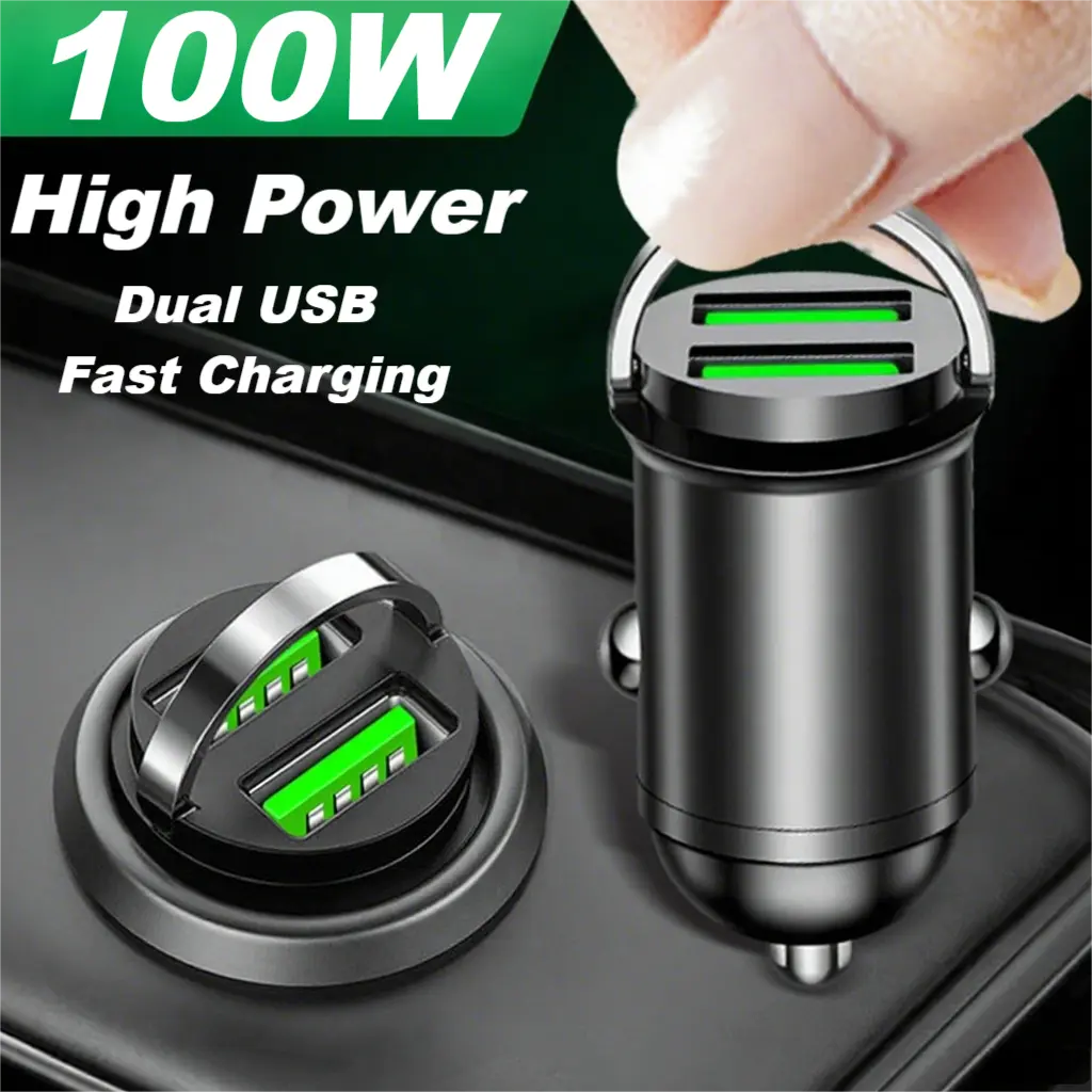 100W Compact Car Cigarette Lighter Fast Charging Adapter - 12V, 15g Mini Dual USB Port Charger with Exquisite Design, 5-Layer Protection for Smartphones, Tablets, GPS Devices (Universal On-the-Go Car Power Accessory)