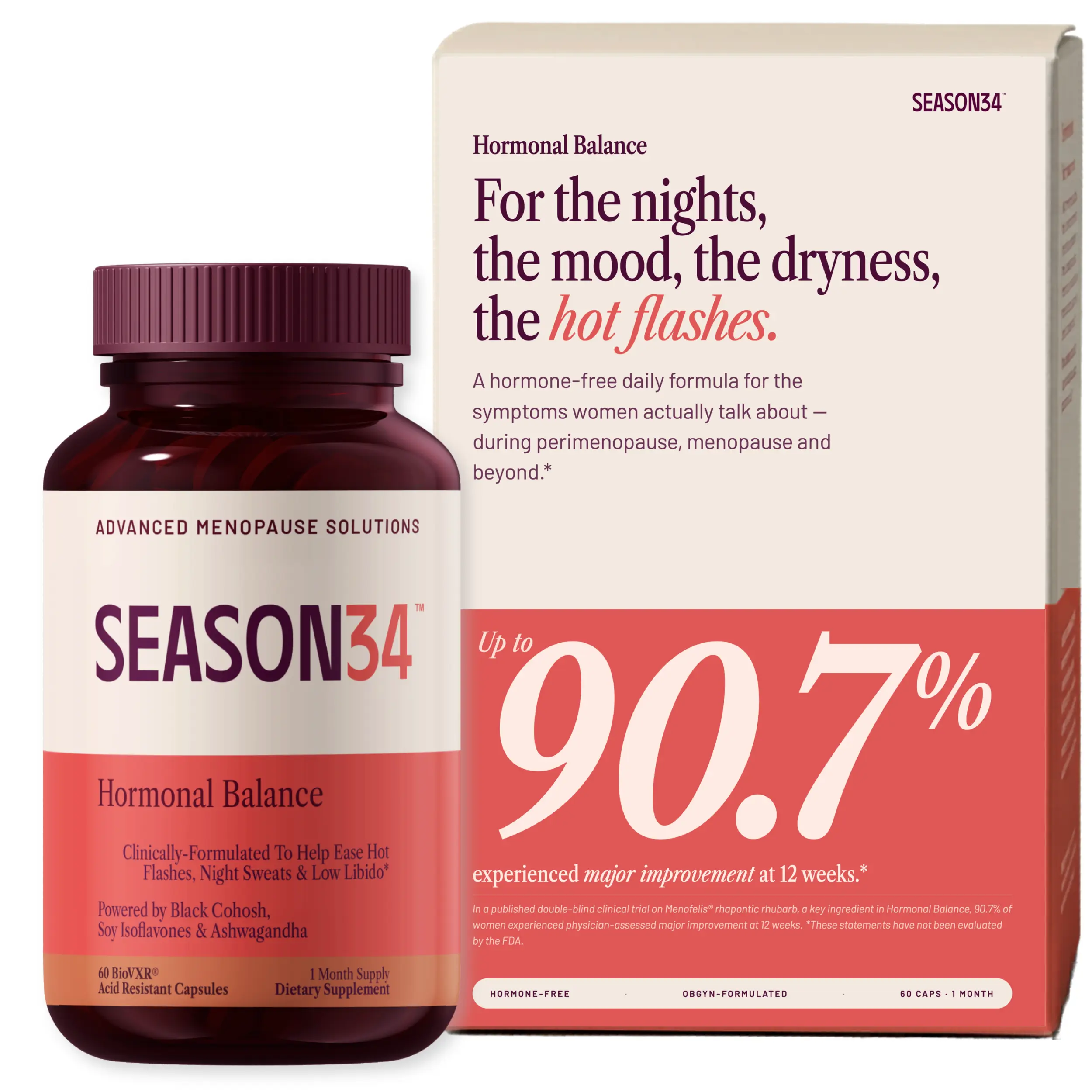 SEASON34 Women's Hormonal Balance Botanical Supplement for Perimenopause & Menopause - Hot Flash, Night Sweat, Mood & Stress Relief - Hormone-Free, Vegetarian, Dye-Free, Non-GMO - 30-Day Supply Bottle