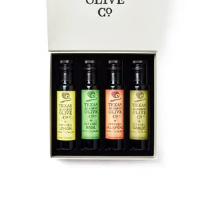 TEXAS HILL COUNTRY OLIVE CO. Infused Olive Oil Keepsake Box 100ml Gift Set - Includes Garlic Lemon Jalapeno & Basil Flavors - Premium Quality US Grown Olives - Satin Ribbon Closure - Ideal for Home Cooks