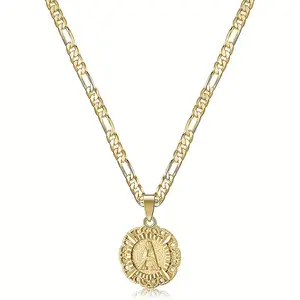 Initial  Necklace with Round Letter Pendant, Capital Monogram Alphabets A-Z, Unisex Casual Accessory Cuban Link Chain