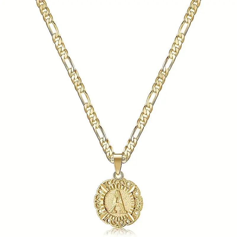 Unisex Initial Necklace - Exquisite Jewelry Gift, Round Capital Letter Pendant, A-Z Monogram, Cuban Link Chain, Casual Fashion Costume Jewelry Accessory