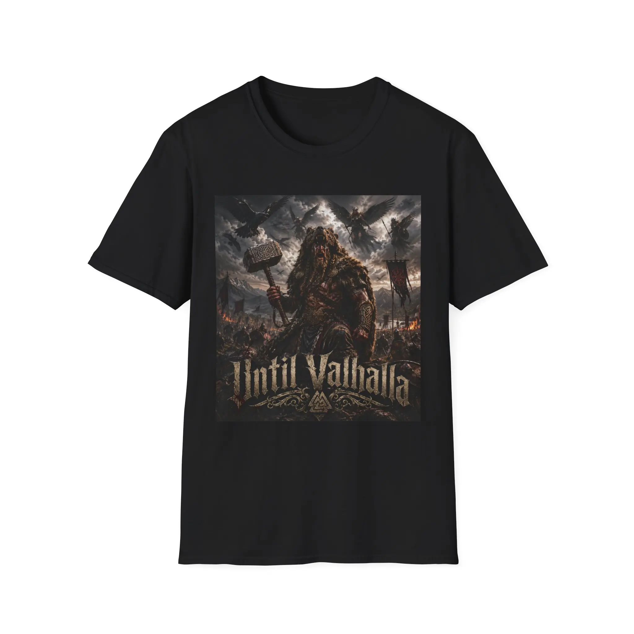 Until Valhalla Viking Warrior Print T-Shirt | Norse Mythology, Hammer Design