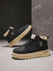 Men's Black-Khaki Leather High-Top Platform Casual Boots, Retro Casual Style, Leather Material + Non-Slip Platform Sole +  Sock-Collar Design, Black-Khaki Versatile, Platform Comfortable , Ideal for Daily Outfits & Street Styling Scenarios Flatform