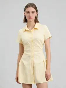 Women's Casual Short Sleeve Shirt Dress with Button, Waist Pleated Design Slim-Fitting  A-Line Skirt, Summer Fashionable Wear Womenswear