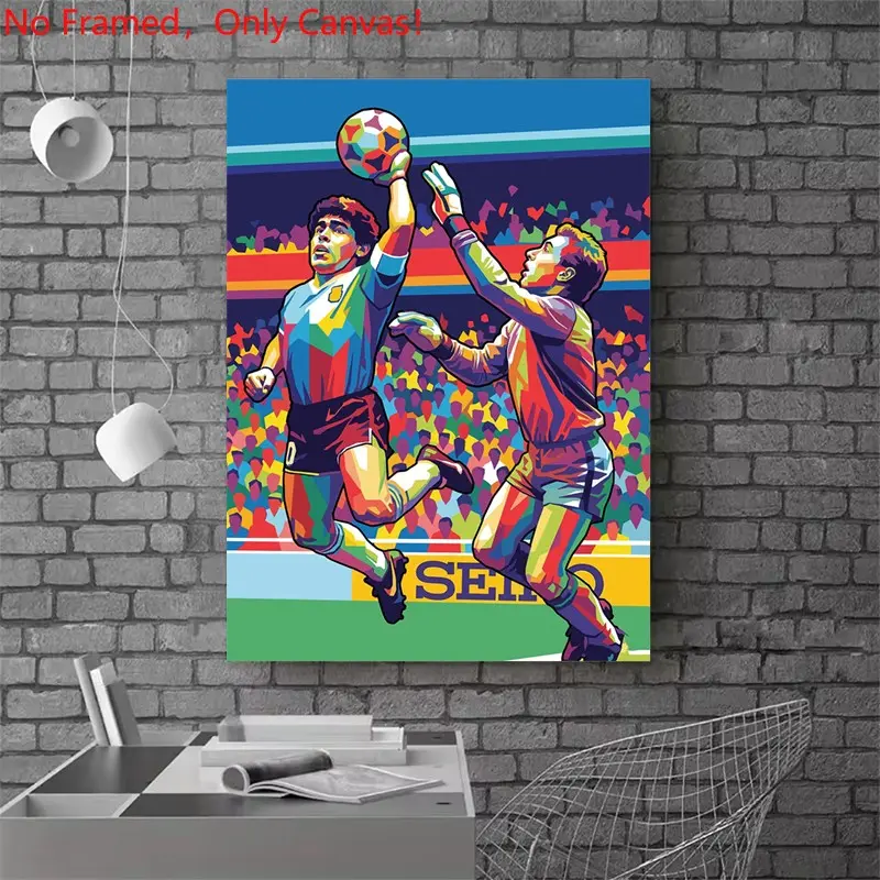 1 piece/set frameless canvas painting print poster, Classic Football player art，Diego Maradona and Goalkeeper， a perfect gift for football loves, ideal gift for bedroom, living room, dorm hallway, kitchen, mural, wall decoration, room decor