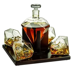 The Wine Savant Diamond Whiskey and Wine Decanter, Great Gift! 750ml With 4 Diamond Glasses and Beautiful Mahogany Wooden Holder Liquor, Scotch, Rum, Bourbon, Vodka, Tequila Decanter
