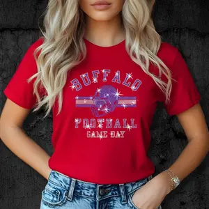 Buffalo Football Rhinestone Shirt - Red Crewneck Fitted Short Sleeve Tops for Women's Everyday Casual Wear with Sparkling Rhinestones