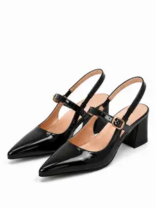 Retro Pink Patent Slingback Block Heels - Pointed Toe Double Strap Pumps